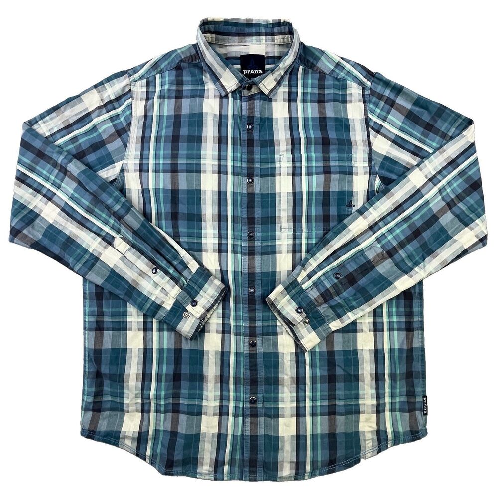 prAna Pearl Snap Shirt Men’s Medium Blue Green Plaid Western Casual Outdoors